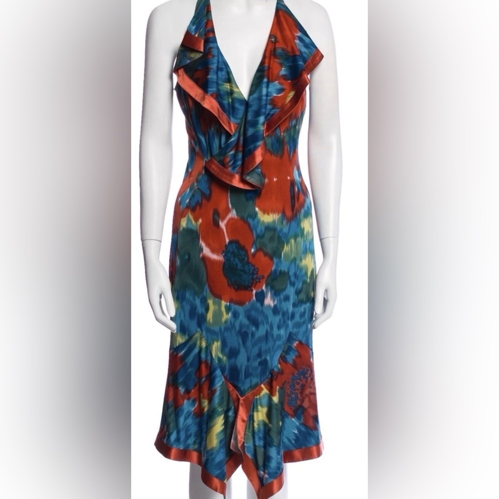 Yigal Azrouel Dress Runway 2005 Abstract V Neck Ruffle Size 3 Bohemian Chic USA